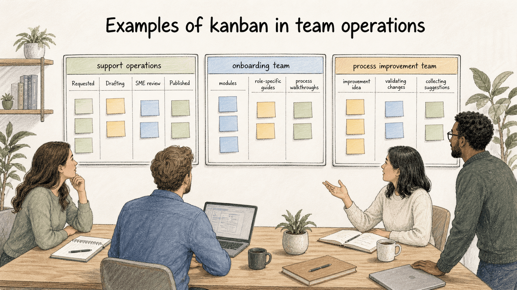 Kanban applies to work that moves through recognizable stages, including support, onboarding, and process improvement.