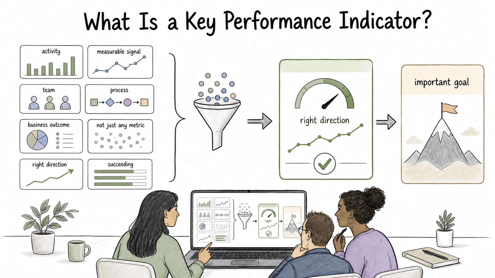 A KPI is a measurable signal selected because it shows progress toward an important goal, not just activity.