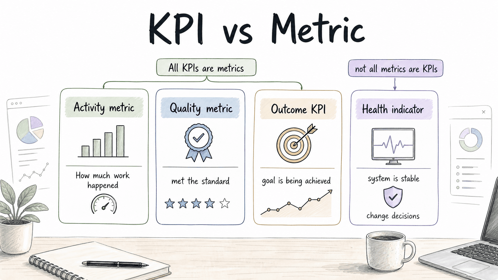 Metrics measure many things, but KPIs carry strategic or operational weight and should help teams make decisions.