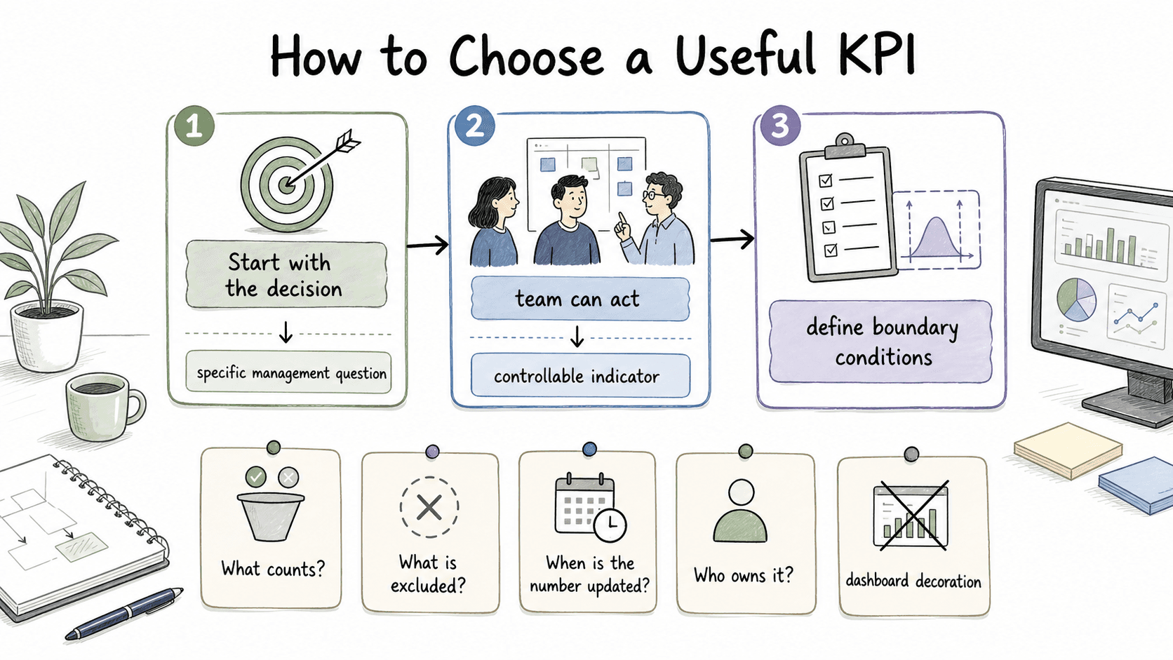 A useful KPI starts with a real decision, stays controllable, and has clear boundary conditions.