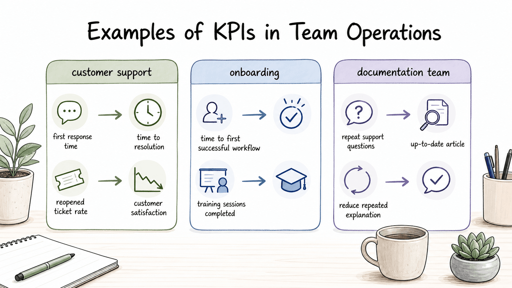 Good team KPIs connect daily work to outcomes, such as resolution quality, workflow readiness, or reduced repeated explanation.