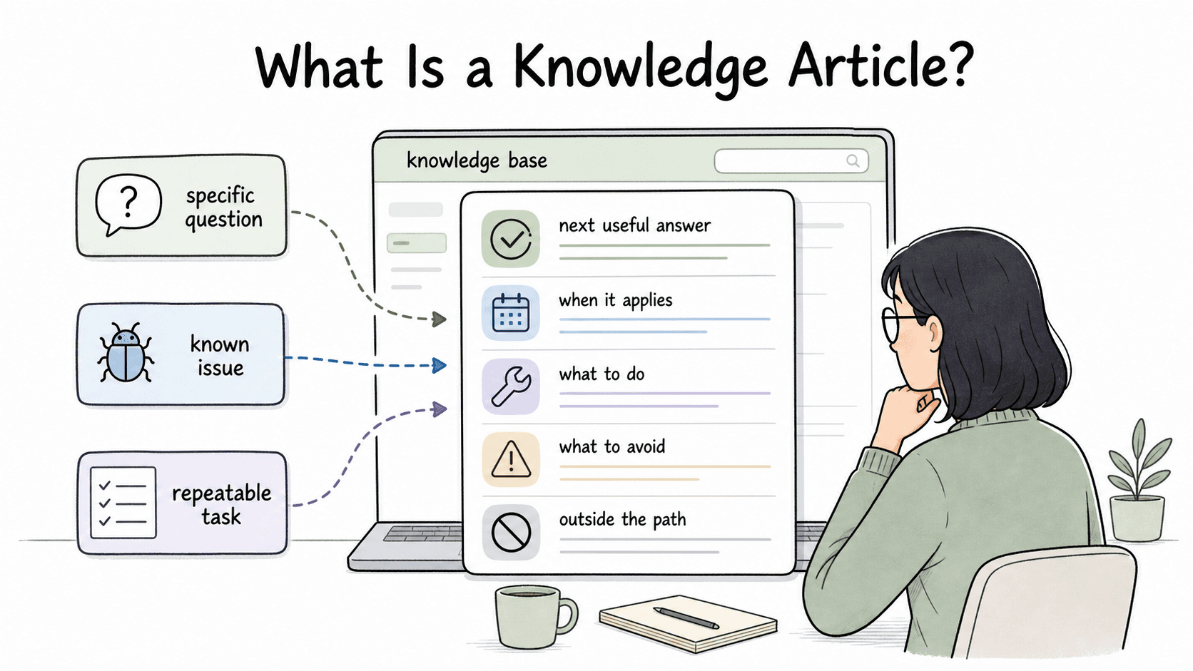 A knowledge article gives a useful answer for one specific question, issue, or repeatable task.
