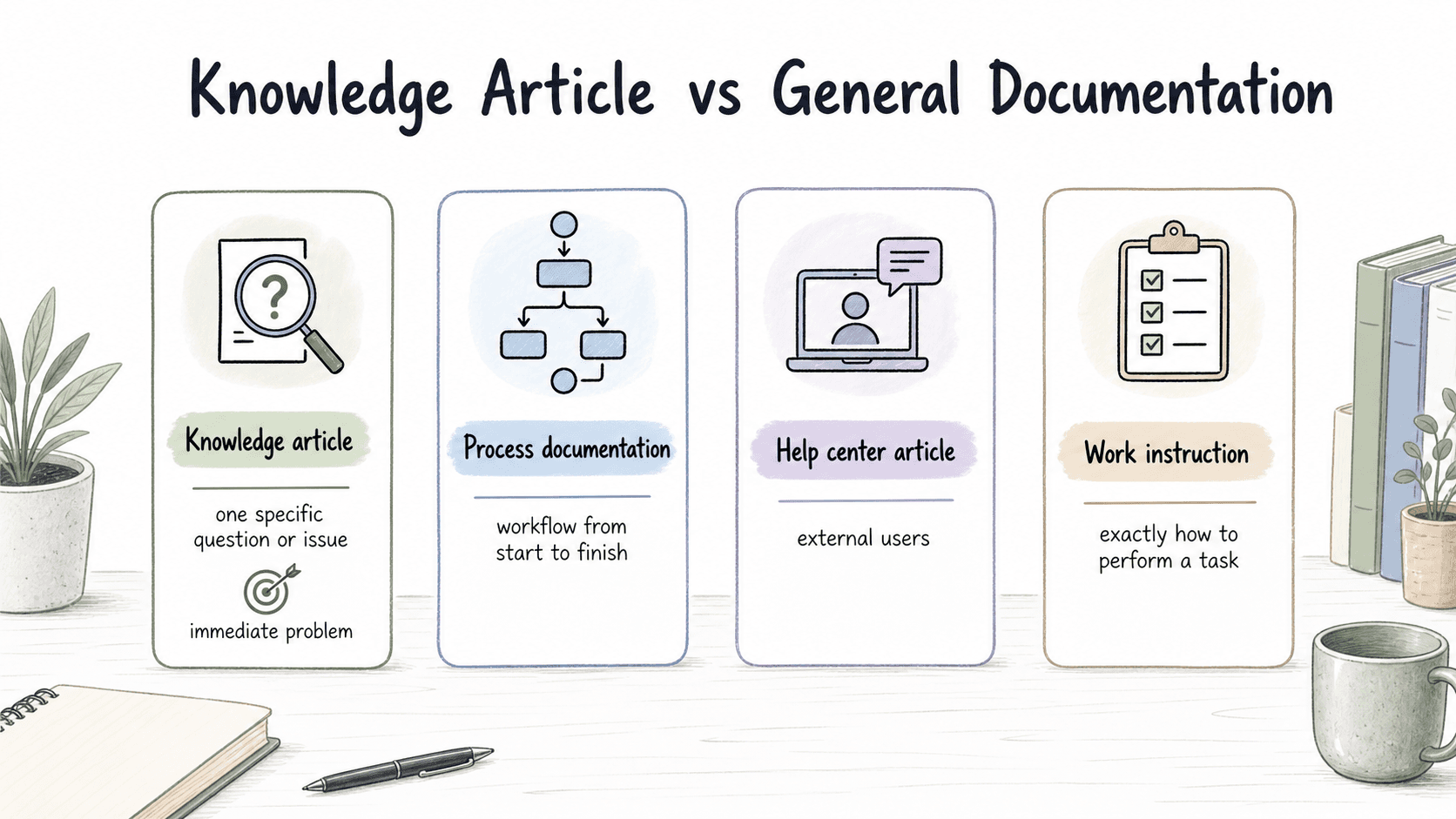 Knowledge articles sit between broad guides and detailed work instructions.