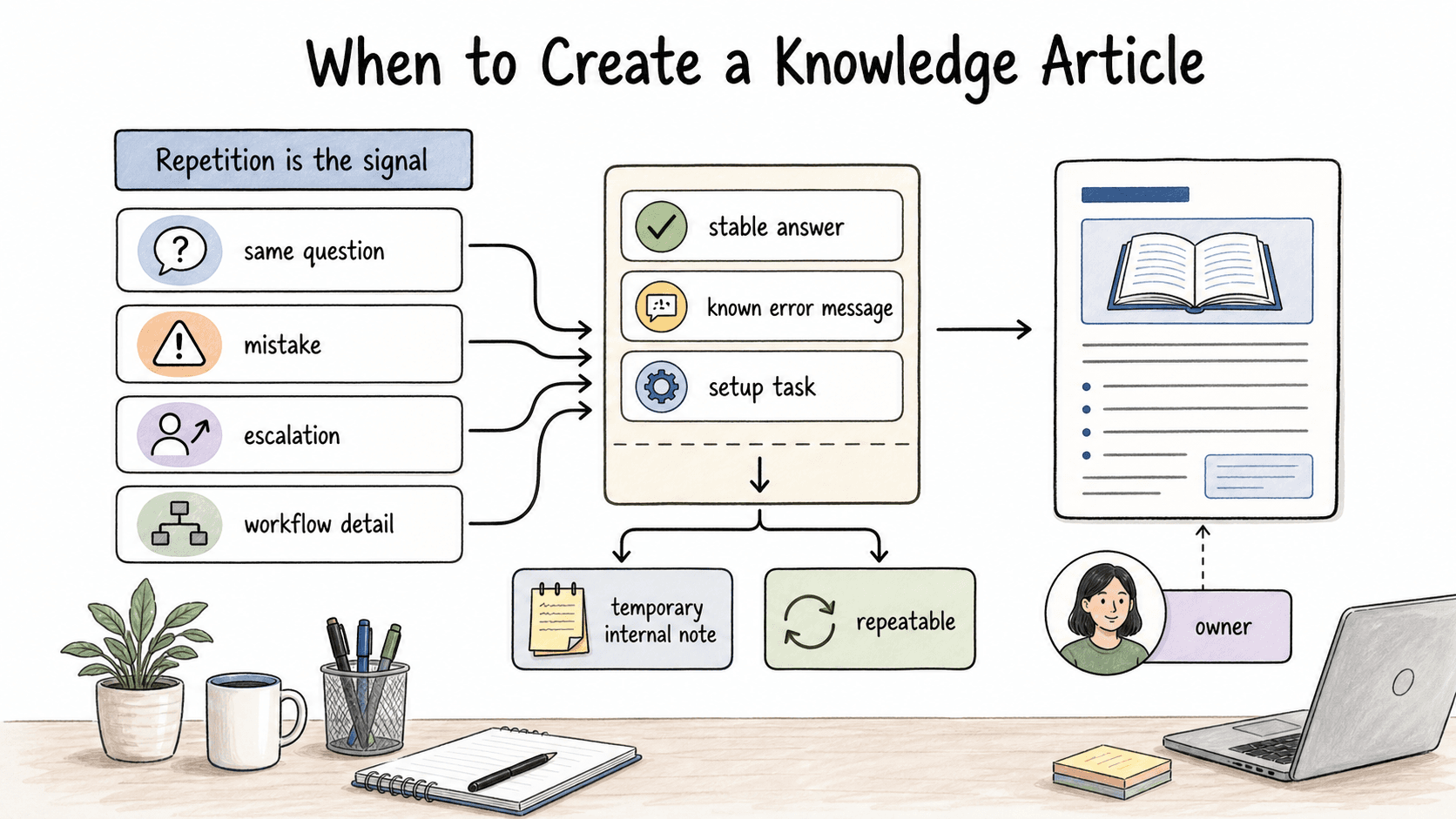 Recurring questions, known errors, and repeatable tasks are good candidates for knowledge articles.
