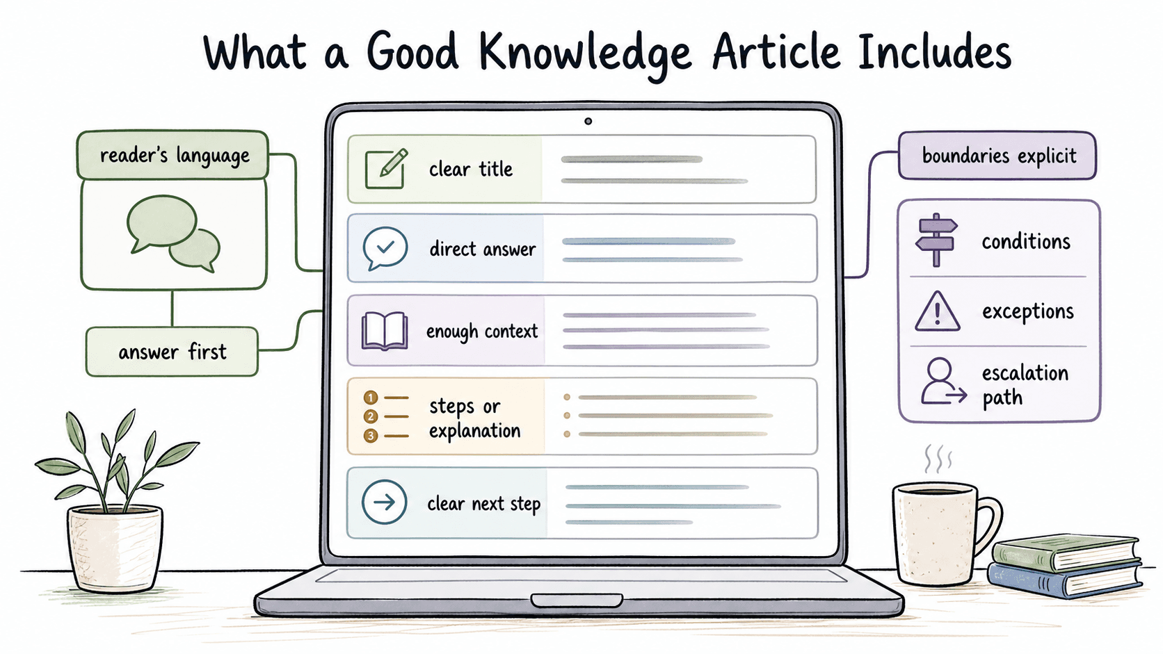 Strong knowledge articles answer first and make conditions, exceptions, and next steps explicit.
