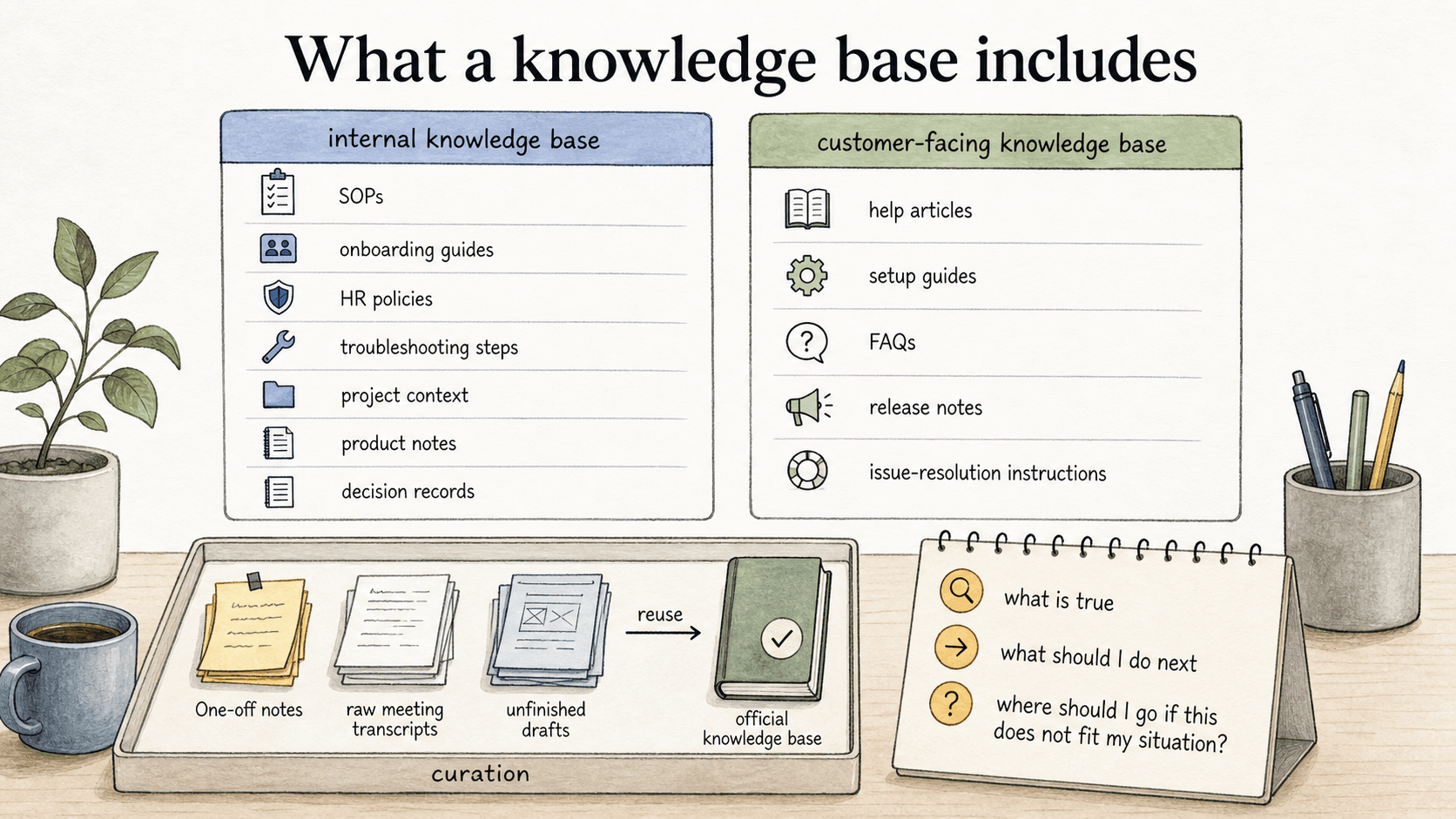 A knowledge base holds curated, reusable information for internal teams or customers.