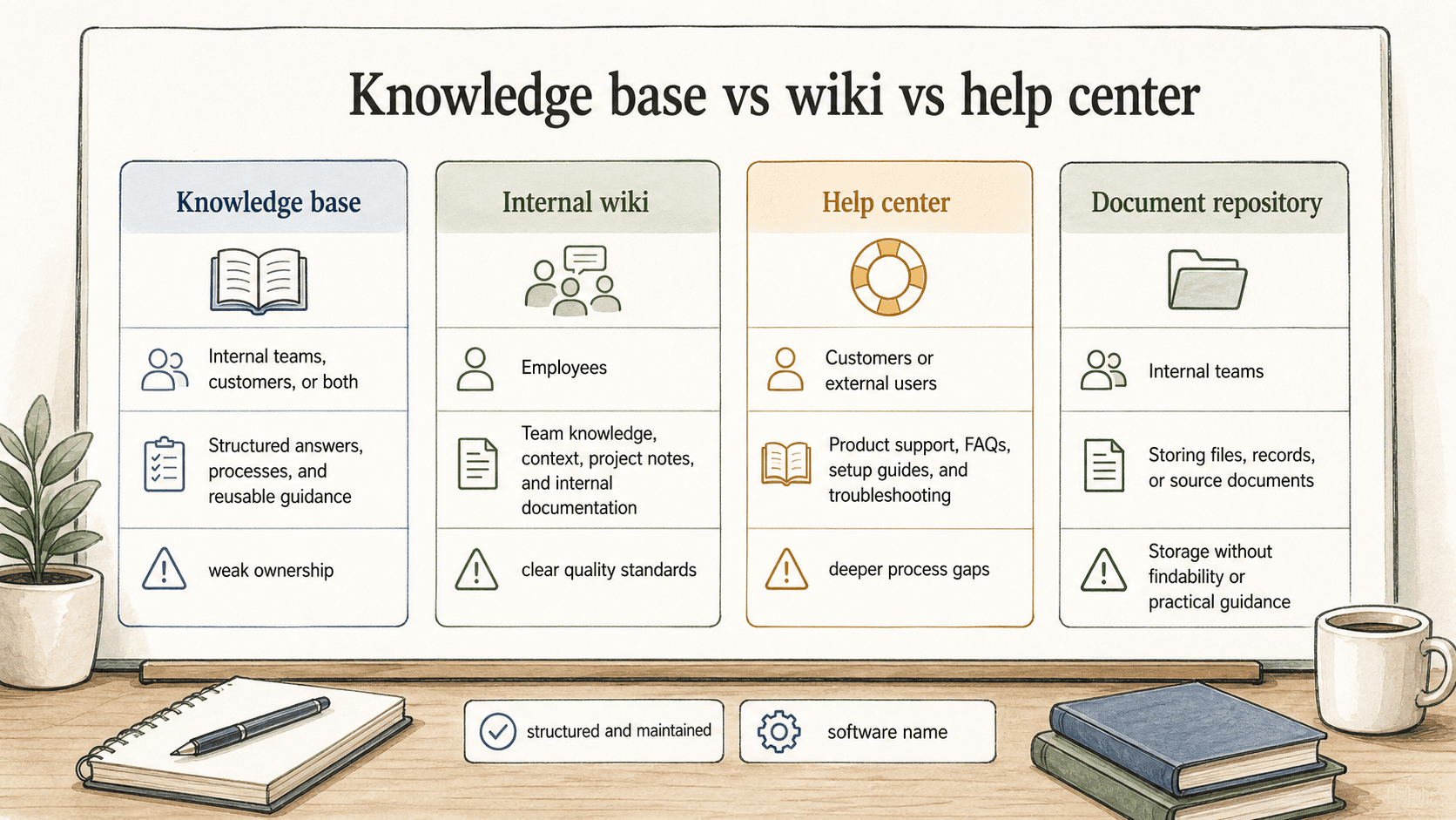 Knowledge base, wiki, help center, and document repository have distinct primary jobs.