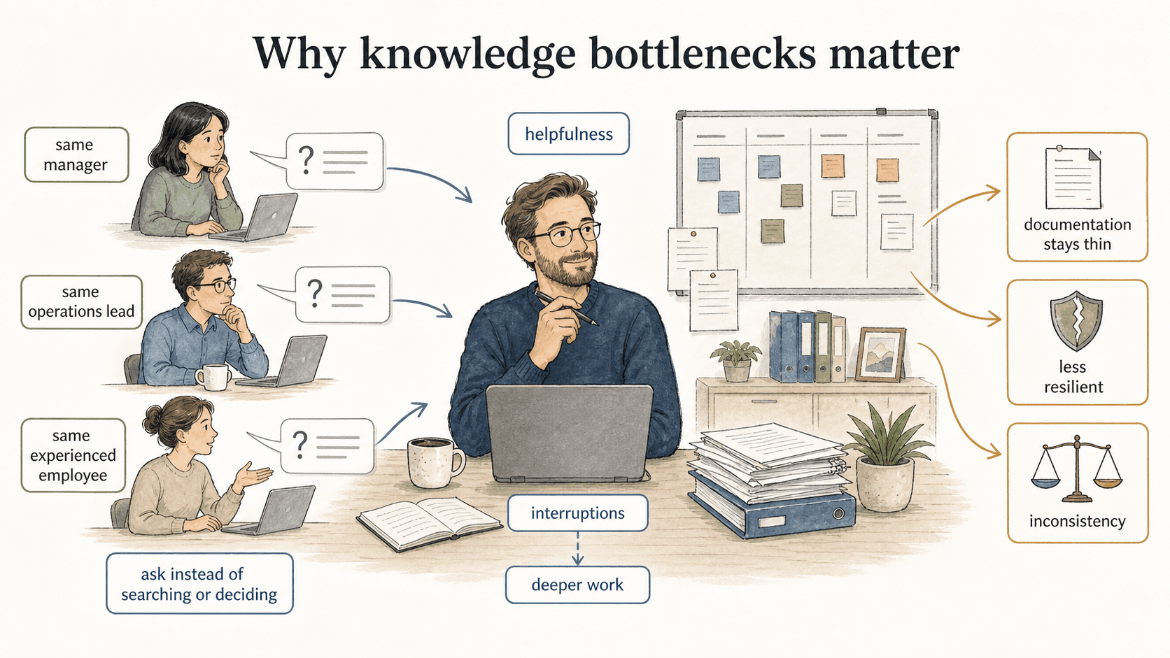 A knowledge bottleneck pulls experts into repeat questions while documentation stays thin.