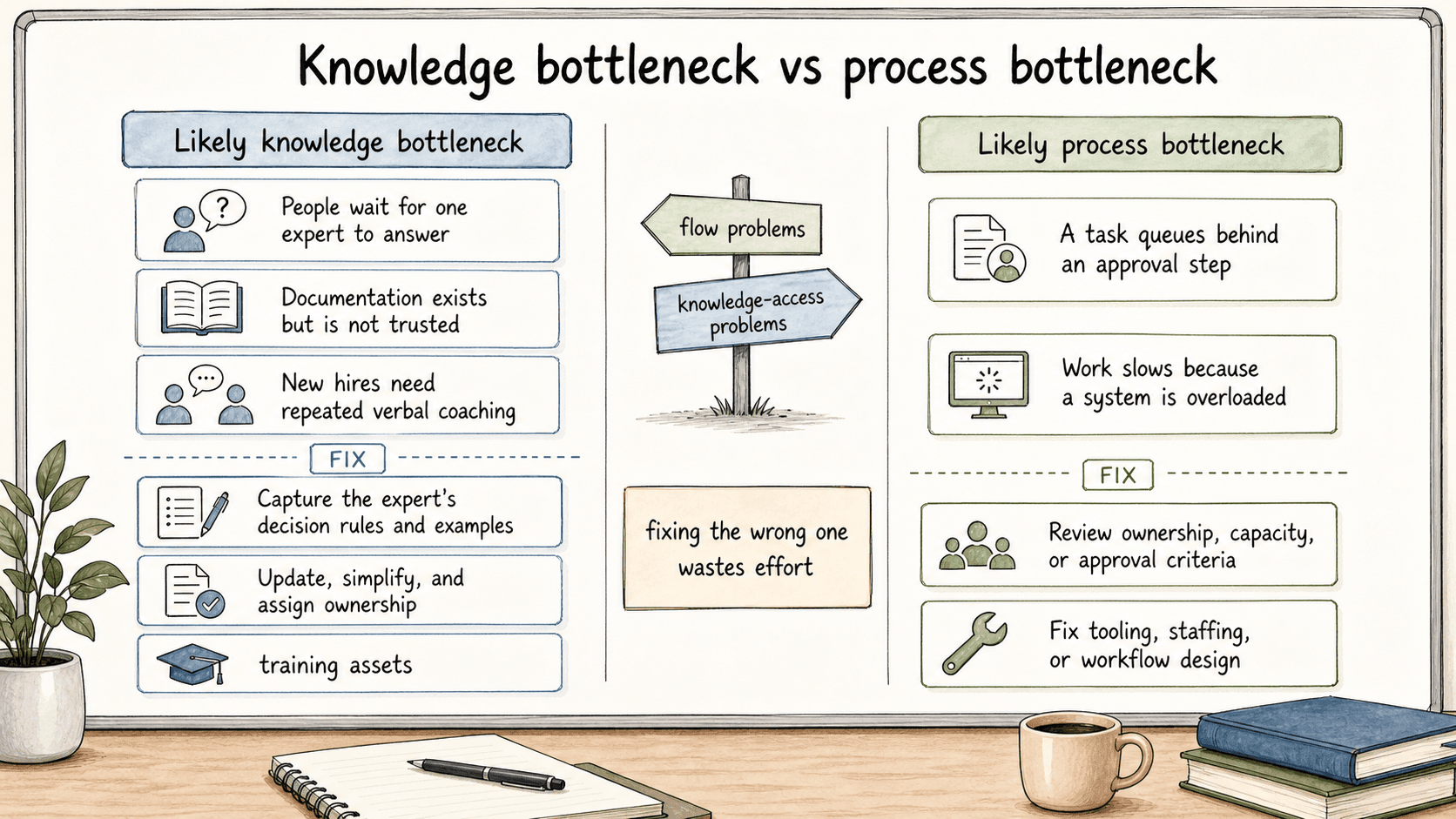 Knowledge bottlenecks are access-to-understanding problems, while process bottlenecks are flow or capacity problems.