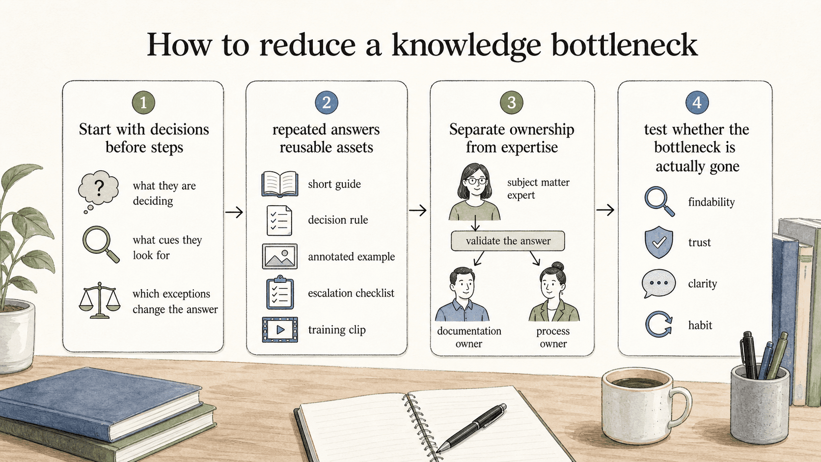 Reducing a knowledge bottleneck requires reusable decision guidance and clear ownership.