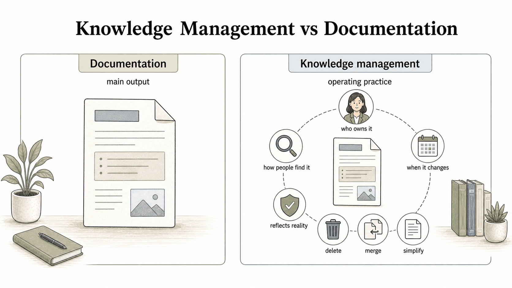 Documentation is one output; knowledge management is the operating practice that keeps knowledge owned, findable, current, and aligned with reality.