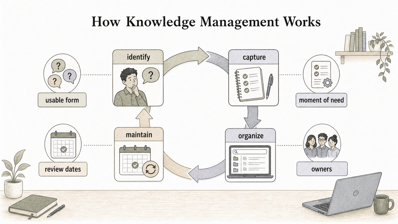 Knowledge management works as a loop: identify, capture, organize, and maintain knowledge so it stays useful in the moment of need.