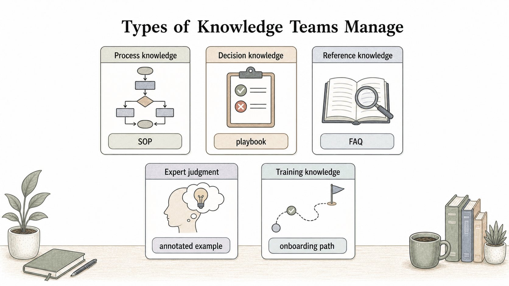 Different knowledge types need different capture formats, from SOPs and playbooks to FAQs, annotated examples, and onboarding paths.