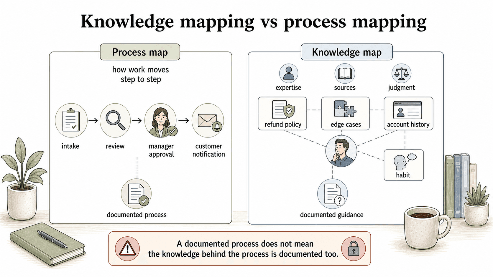 A process map shows how refund approvals move step to step; a knowledge map shows the expertise, sources, systems, and judgment behind those steps.