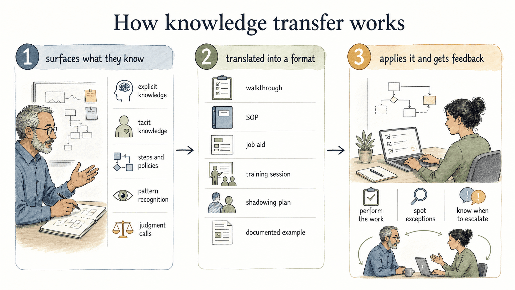 Knowledge transfer moves from surfacing expertise, to translating it into usable formats, to applying it with feedback.