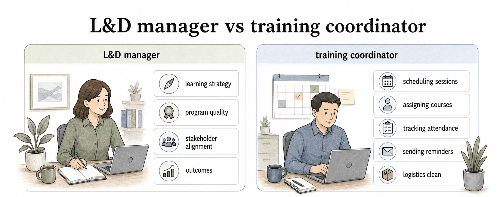 Training coordinators own logistics while L&D managers own learning architecture and outcomes.