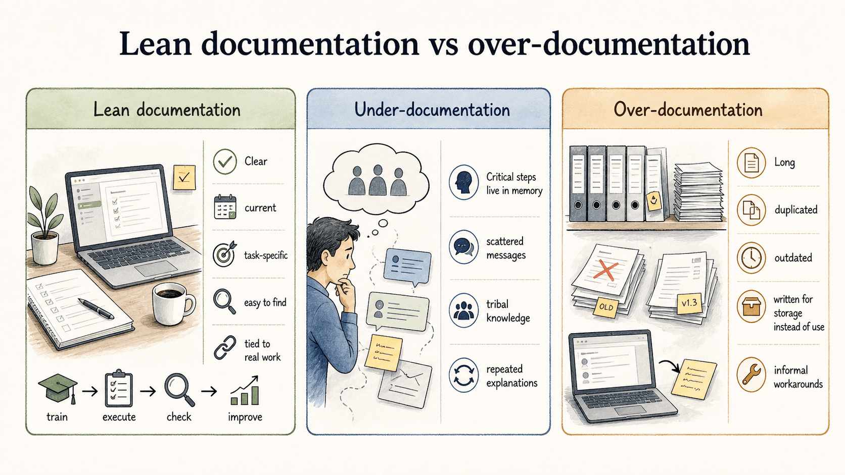 Lean documentation is clear, current, task-specific, easy to find, and tied to real work.