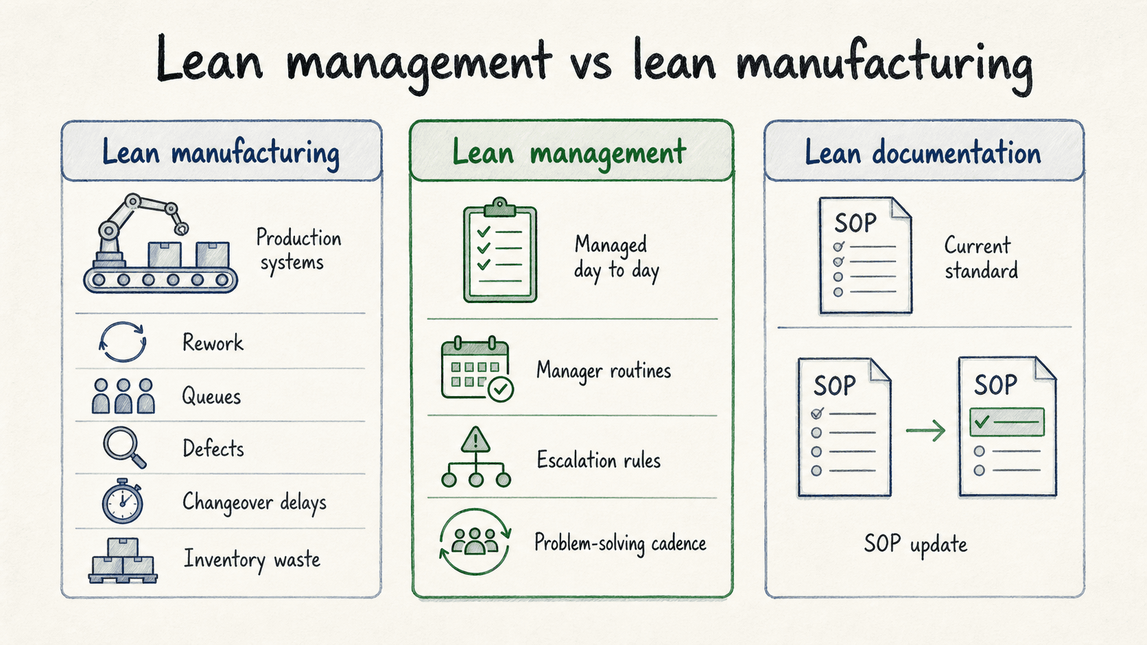 Lean manufacturing improves production flow; lean management improves how work is managed and improved day to day.