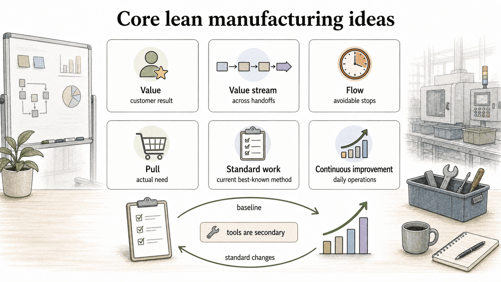 The core lean ideas connect customer value, flow, pull, standard work, and continuous improvement into a practical operating logic.