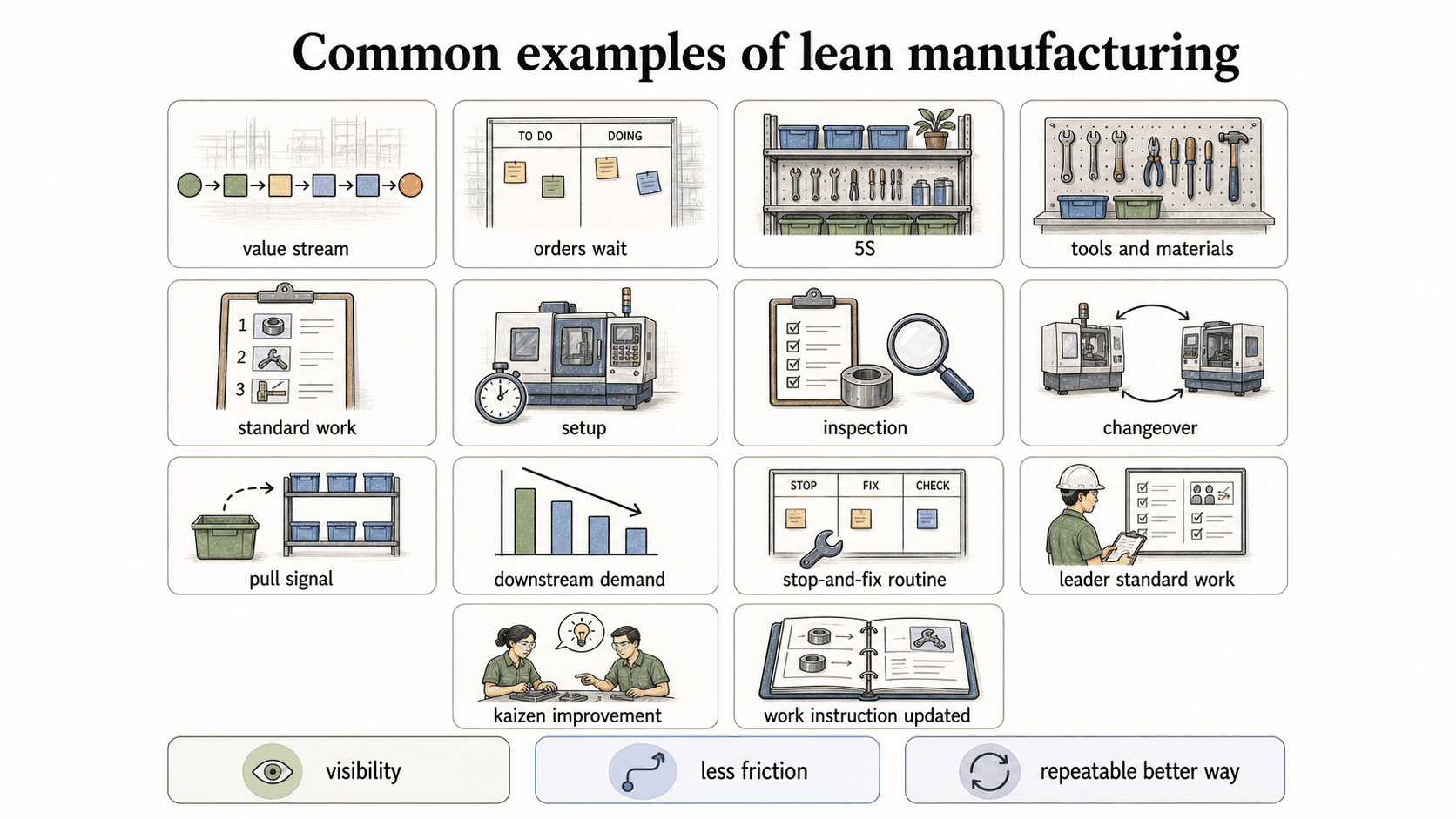 Lean improvements show up as visible work changes: 5S, pull signals, standard work, stop-and-fix routines, and updated instructions.