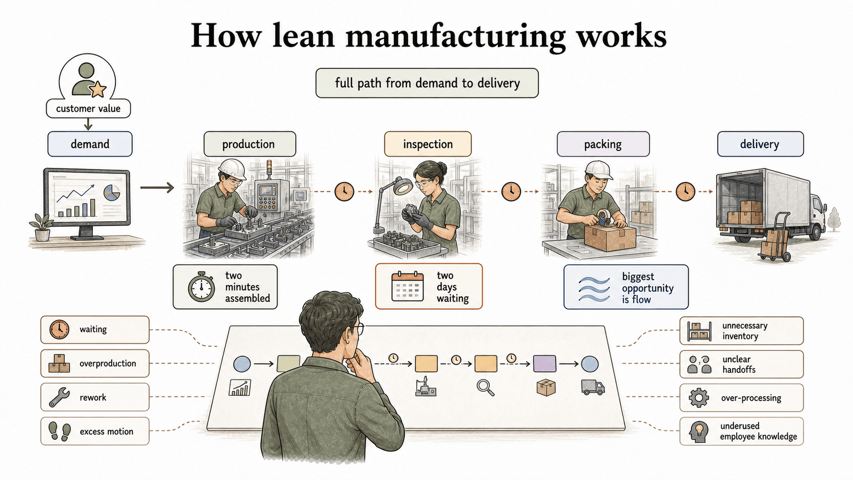 Lean manufacturing starts with customer value, then looks across demand, production, inspection, packing, and delivery to find where flow breaks.