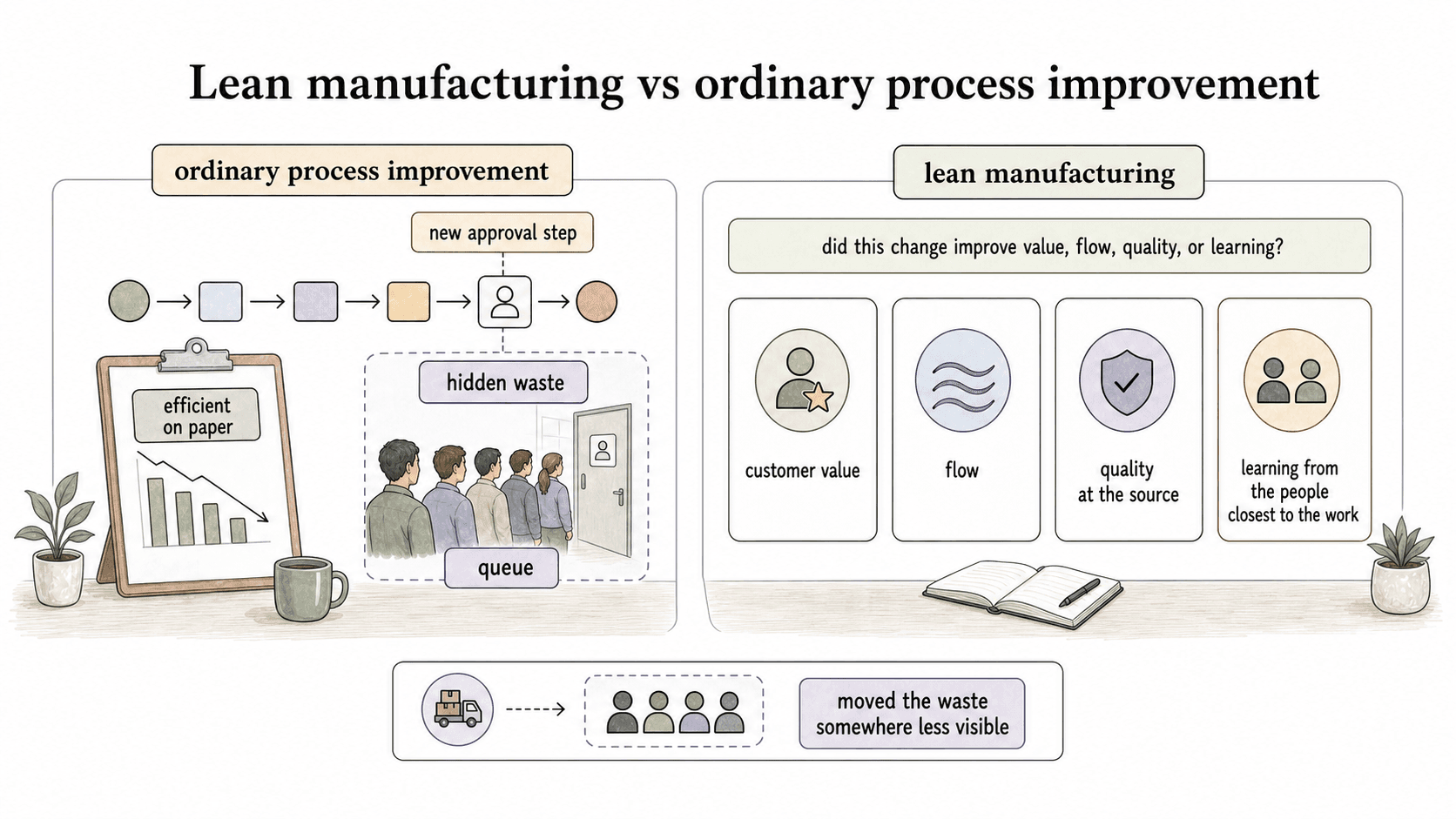 Lean thinking tests whether a change improves value, flow, quality, or learning instead of simply looking efficient on paper.