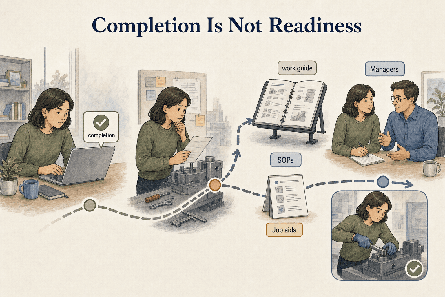 Course completion is one milestone; readiness comes from applying learning with job aids, SOPs, and manager feedback.