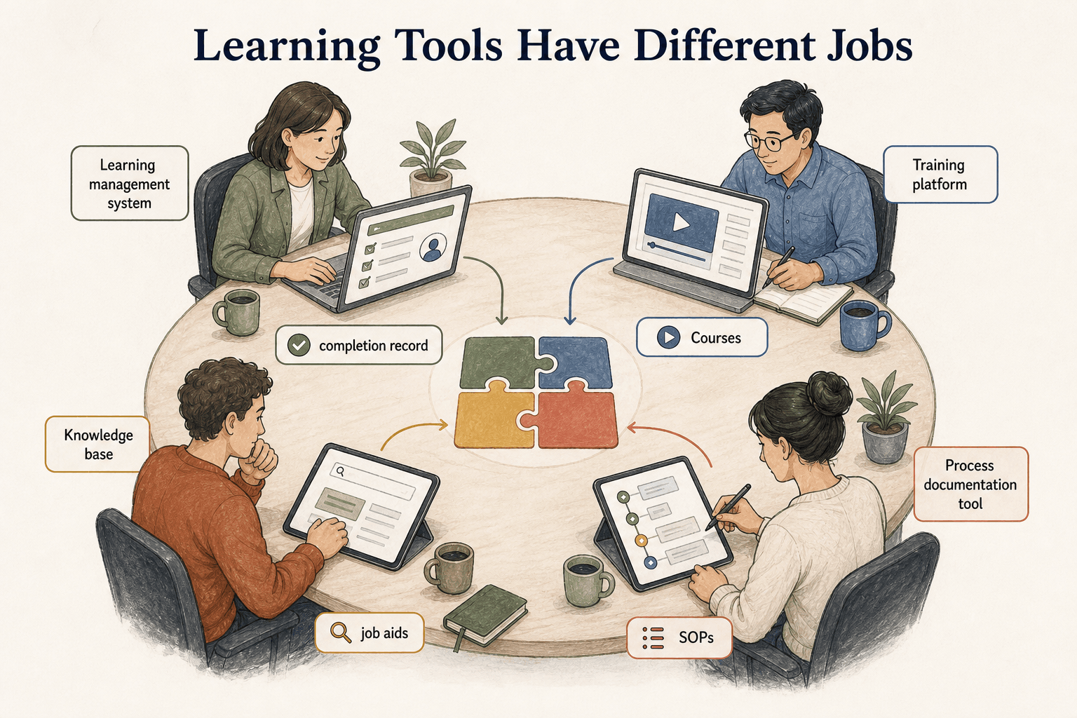Learning tools work together, but each one has a different primary job.