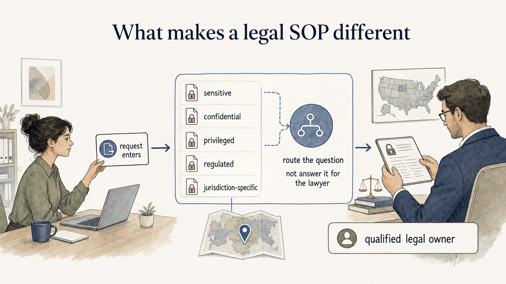 A legal SOP should route sensitive, confidential, privileged, or regulated work to the right legal owner instead of answering legal questions for them.