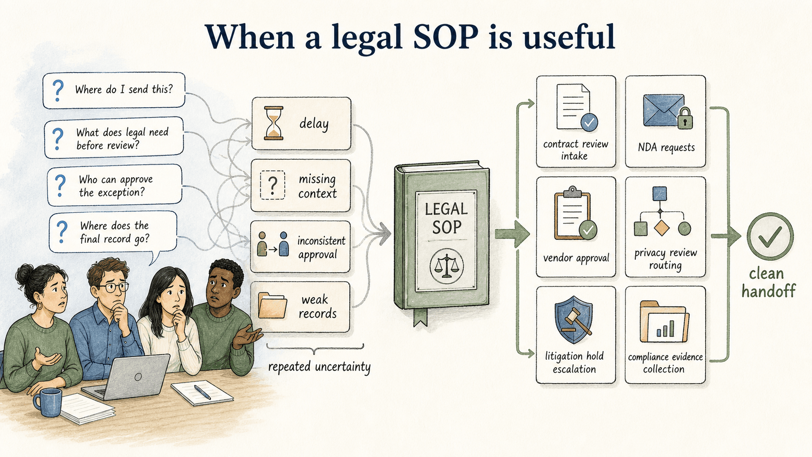 A legal SOP is useful when repeated uncertainty creates delay, missing context, inconsistent approval, or weak records.