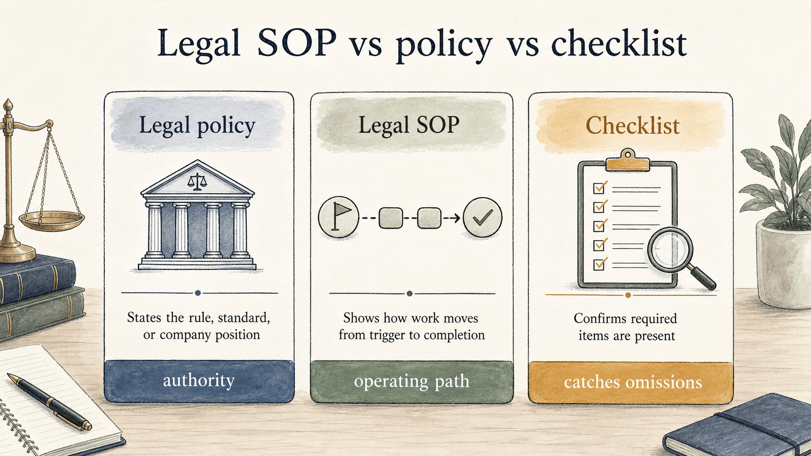A policy gives authority, a legal SOP gives the operating path, and a checklist catches omissions.