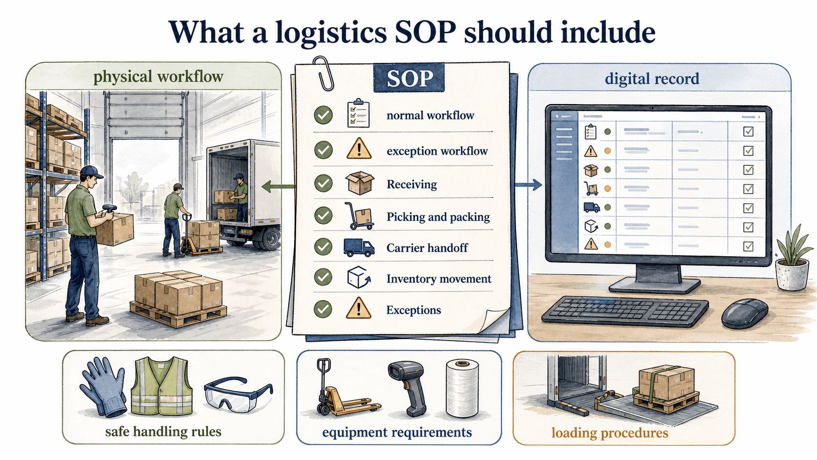 A strong logistics SOP covers both the normal workflow and the exception workflow, connecting warehouse steps to the digital record.