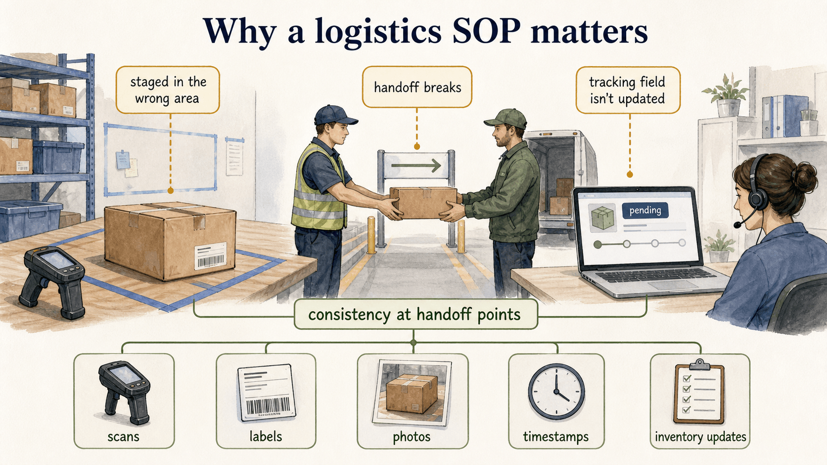 A logistics SOP keeps physical movement, system updates, and handoffs aligned so teams can track what happened and recover from exceptions.