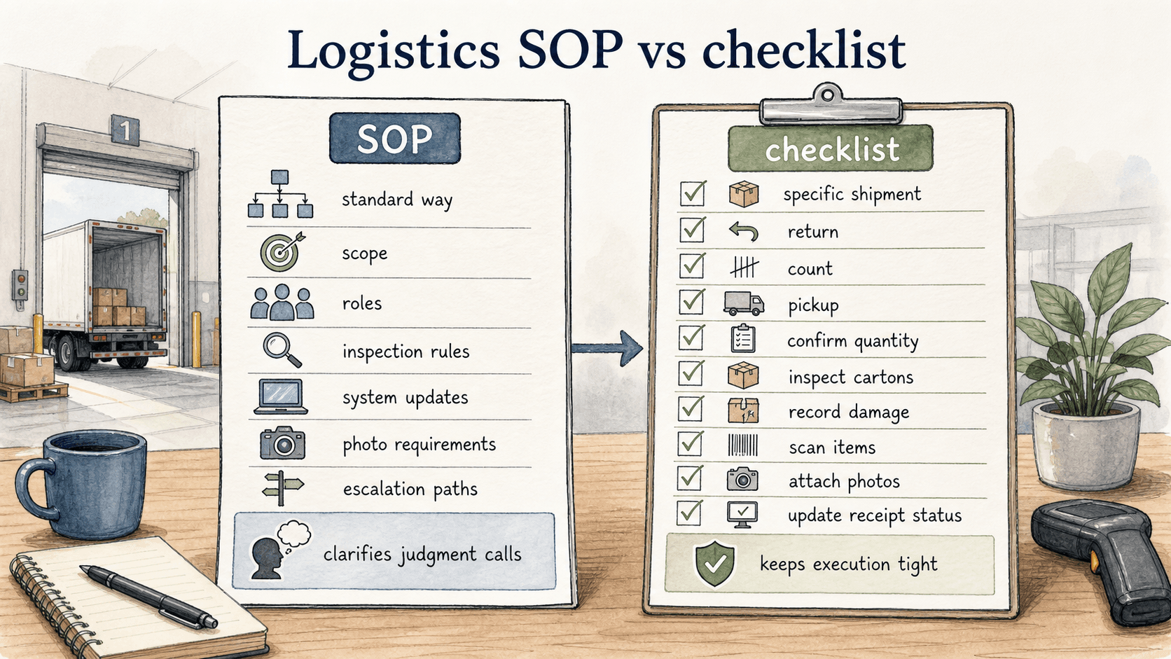 The SOP explains the standard workflow, while the checklist helps confirm that a specific shipment, return, count, or pickup followed it.