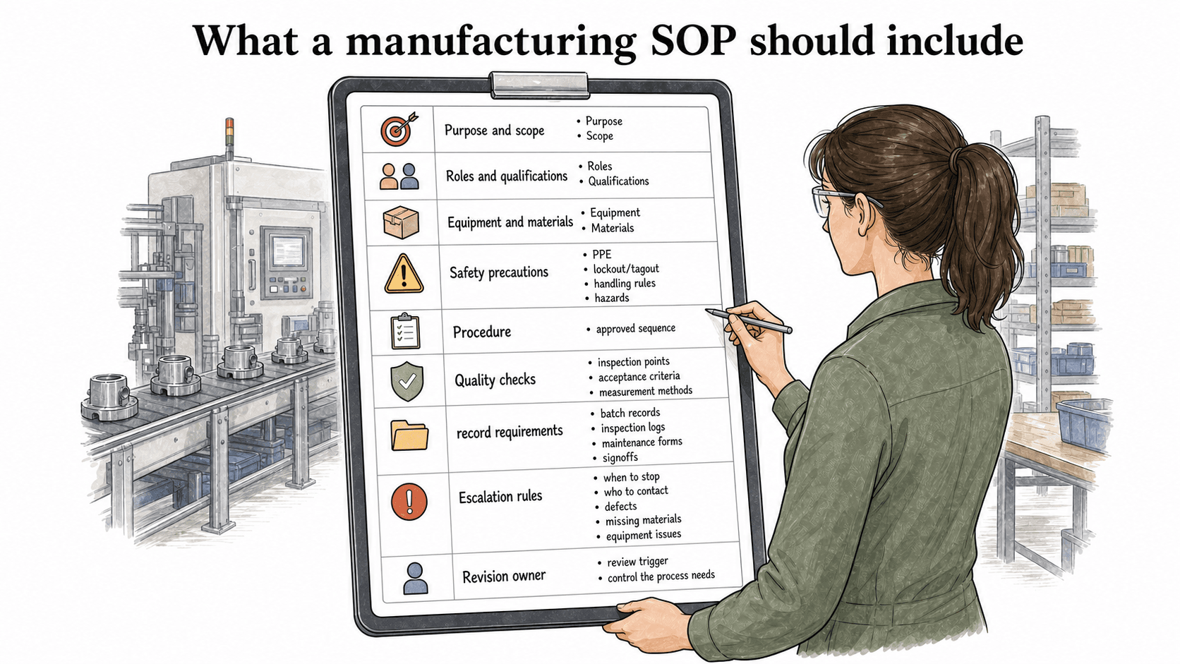 A practical manufacturing SOP connects purpose, roles, equipment, safety, procedure, quality checks, escalation rules, records, and ownership to the control the process needs.