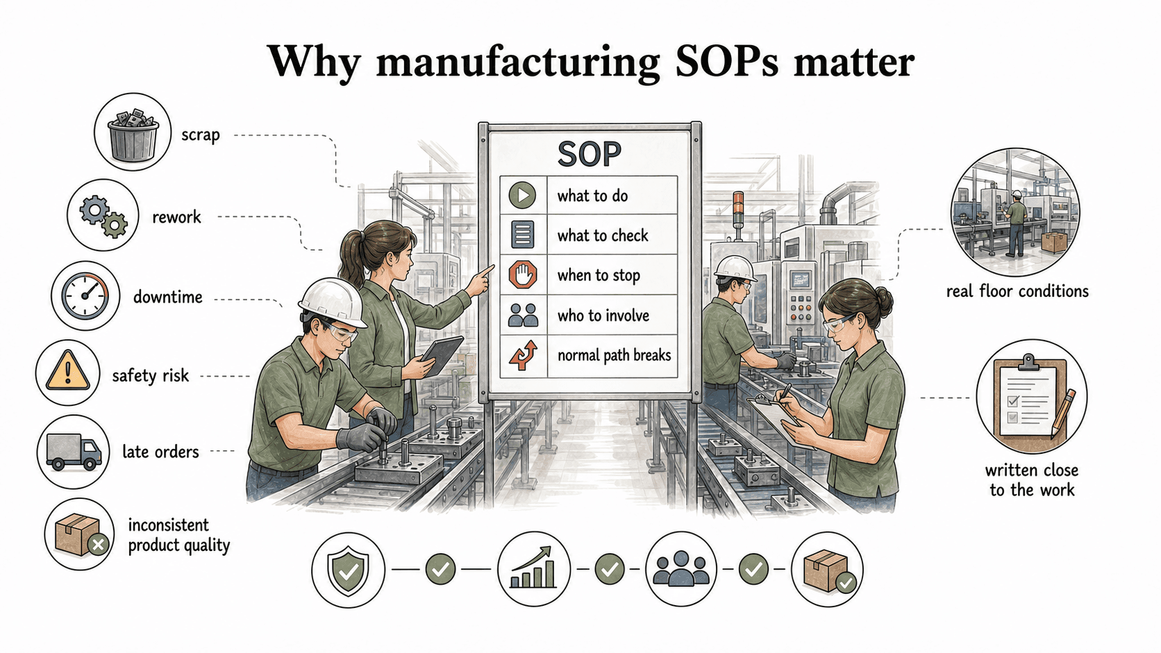 A manufacturing SOP makes the current standard visible on the floor, helping teams know what to do, what to check, when to stop, and who to involve.