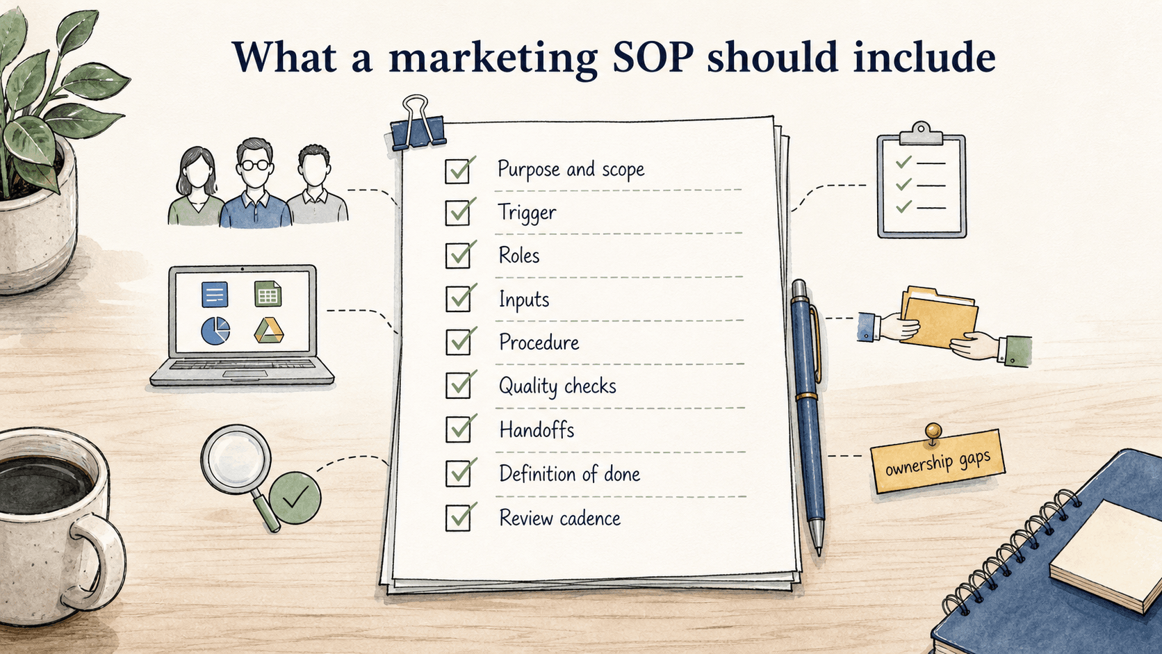 A useful marketing SOP defines the trigger, roles, inputs, steps, quality checks, handoffs, definition of done, and review cadence.