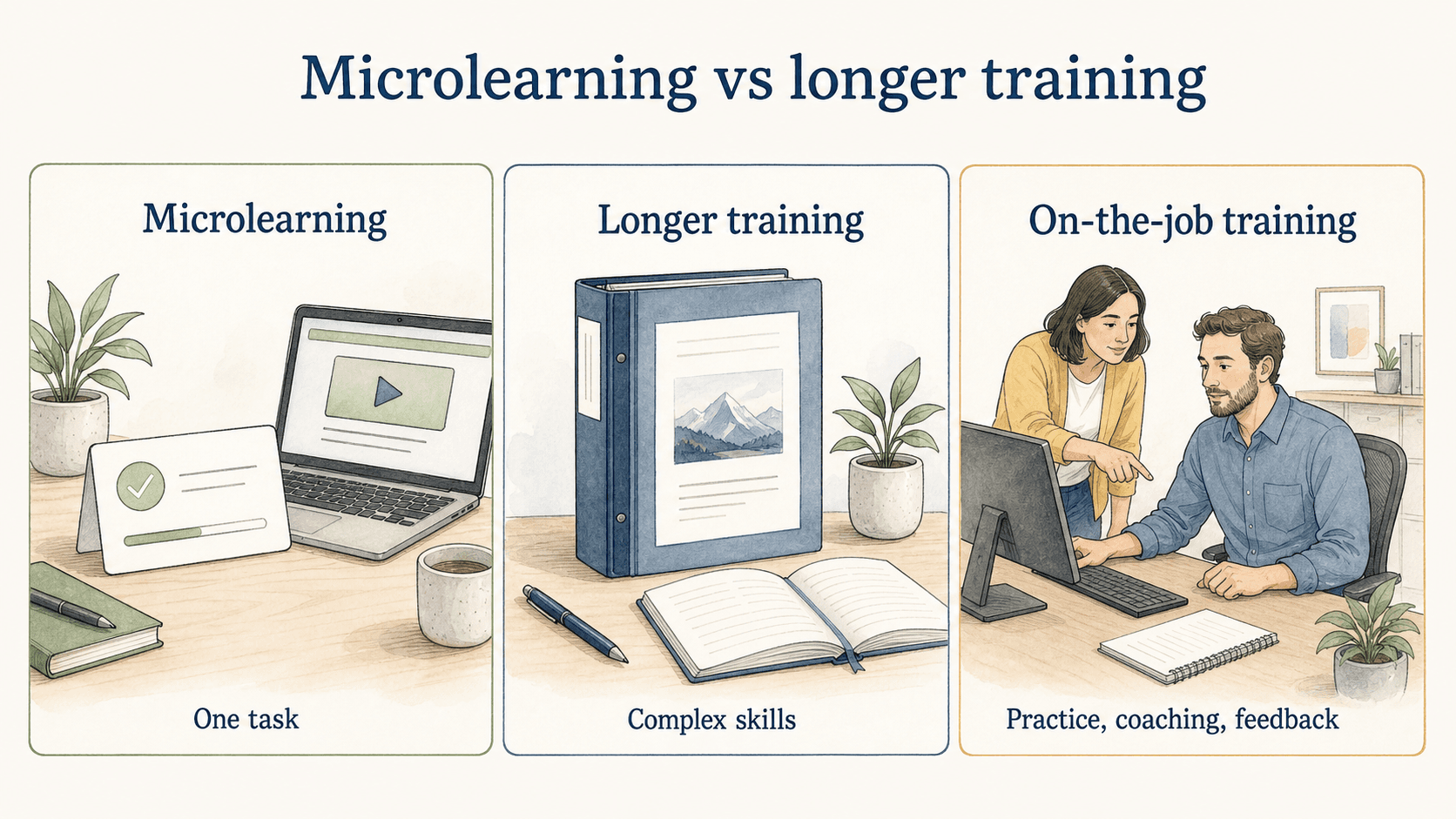 Use microlearning for one task or refresher, longer training for context, and on-the-job training for practice and feedback.