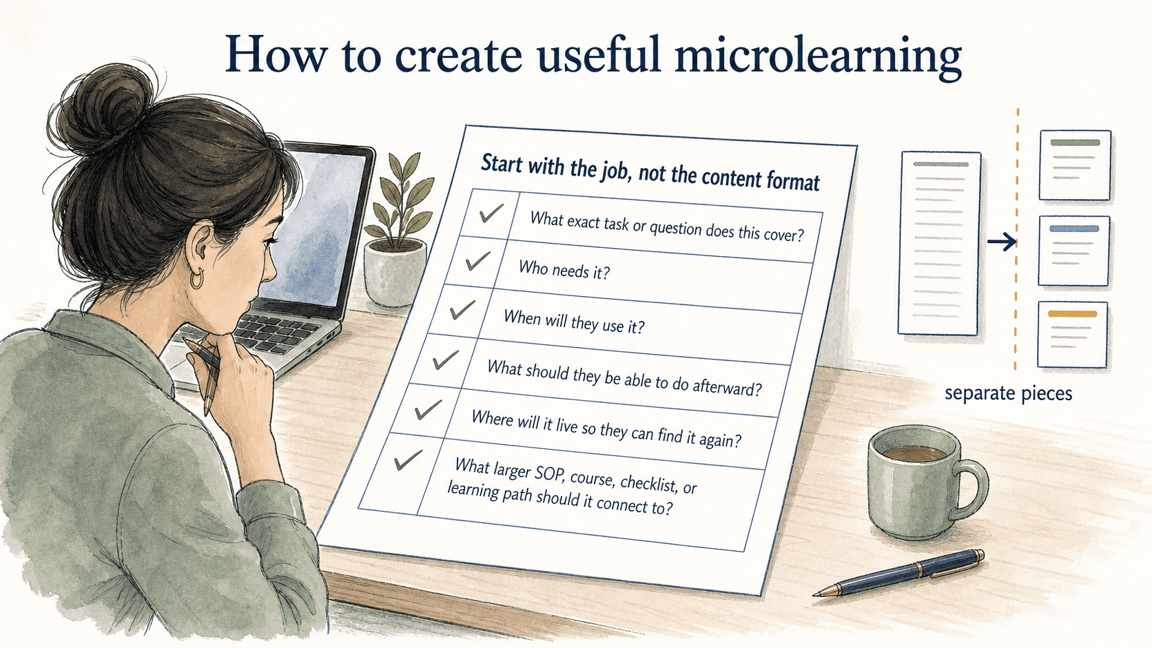 Start with the job, then define the task, audience, moment of use, outcome, location, and connected source material.