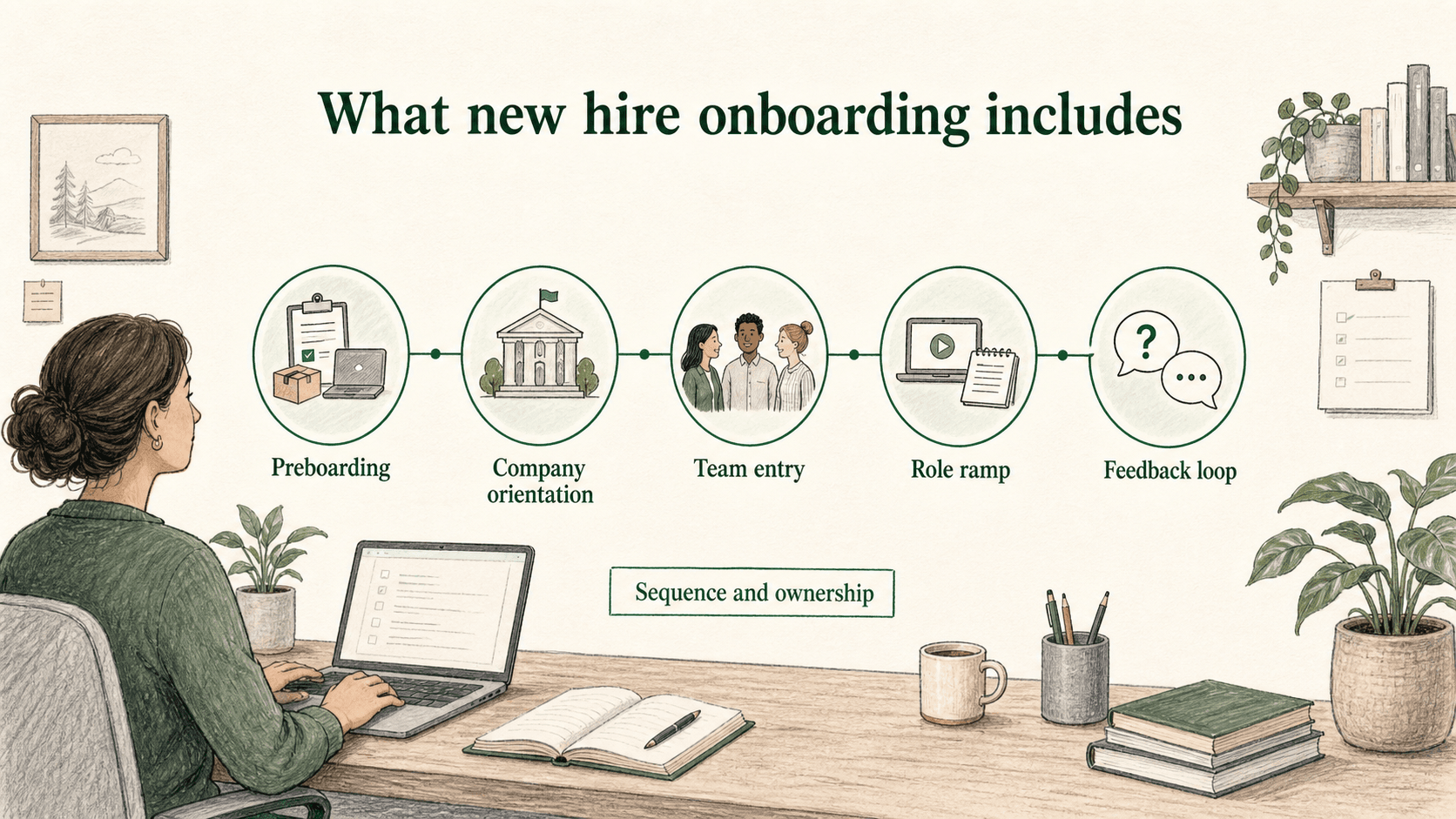 New hire onboarding connects preboarding, orientation, team entry, role ramp, and feedback into one coordinated journey.