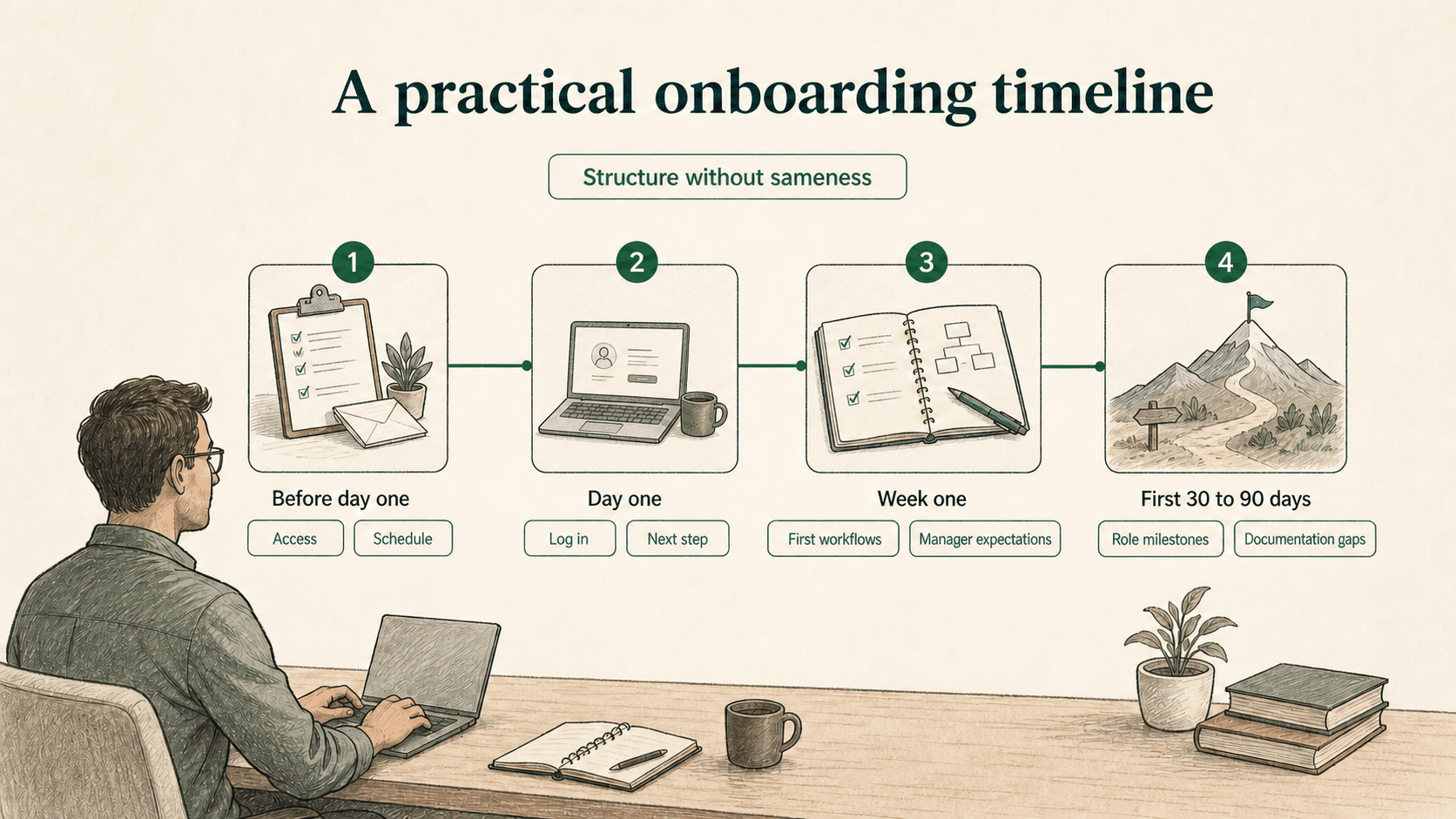 A practical onboarding timeline gives structure before day one, on day one, during week one, and through the first 30 to 90 days.