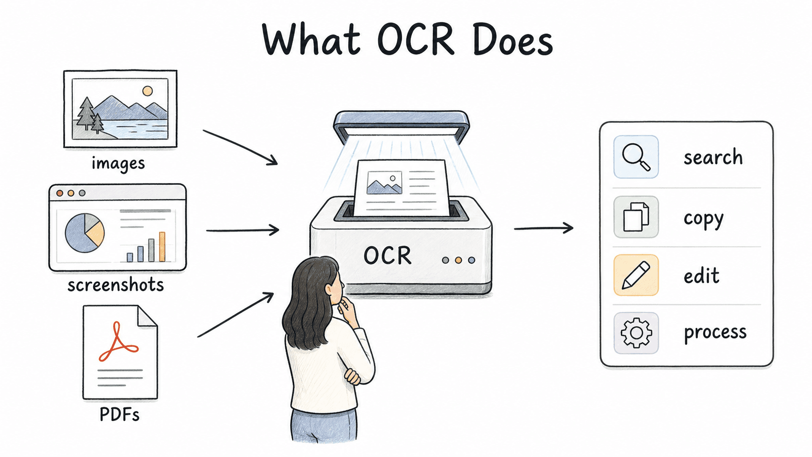 OCR turns text trapped in images, screenshots, and PDFs into text teams can search, copy, edit, and process.