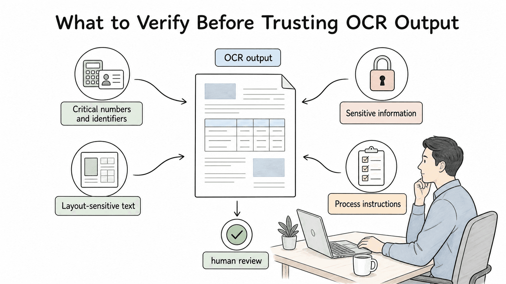 OCR output should be reviewed for critical identifiers, layout-sensitive text, sensitive information, and process instructions before publishing or automation.