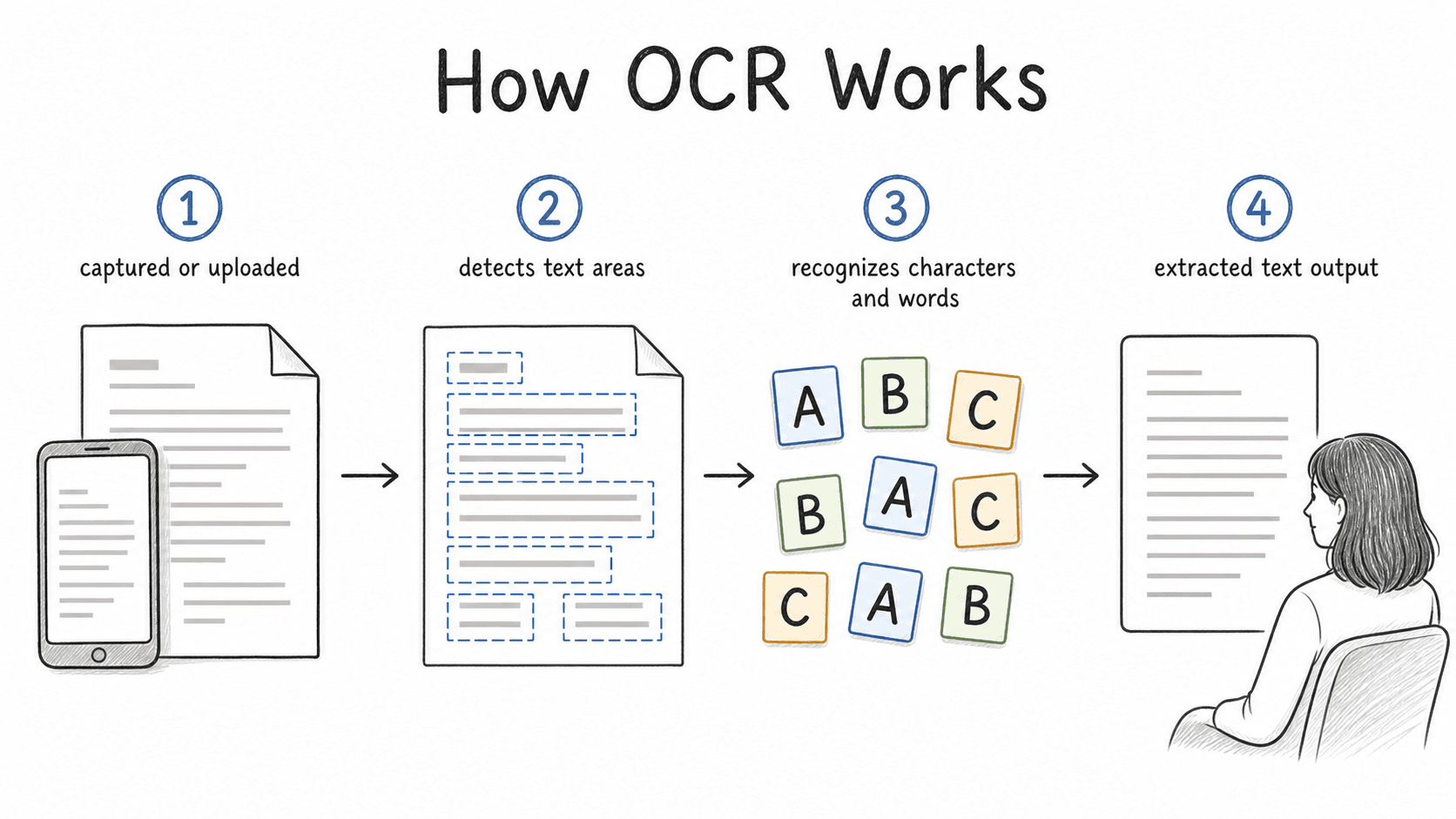 Most OCR workflows capture a file, detect text areas, recognize characters and words, and return extracted text output.