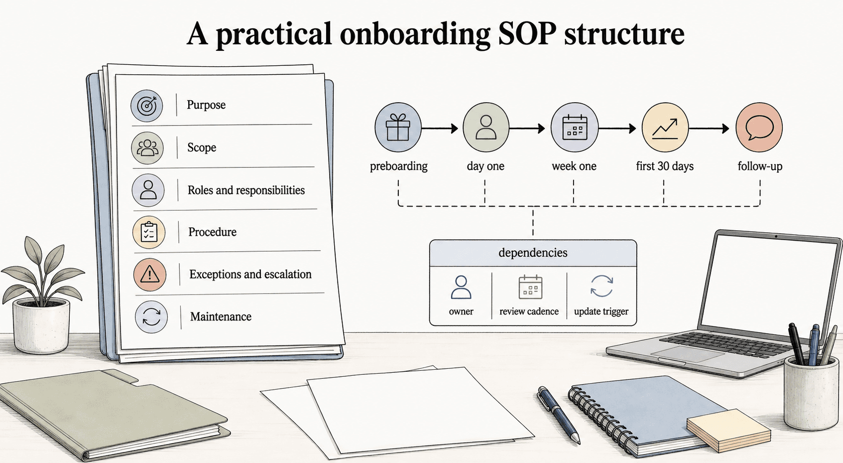 A practical onboarding SOP structure includes purpose, scope, roles, procedure, exceptions, and maintenance.