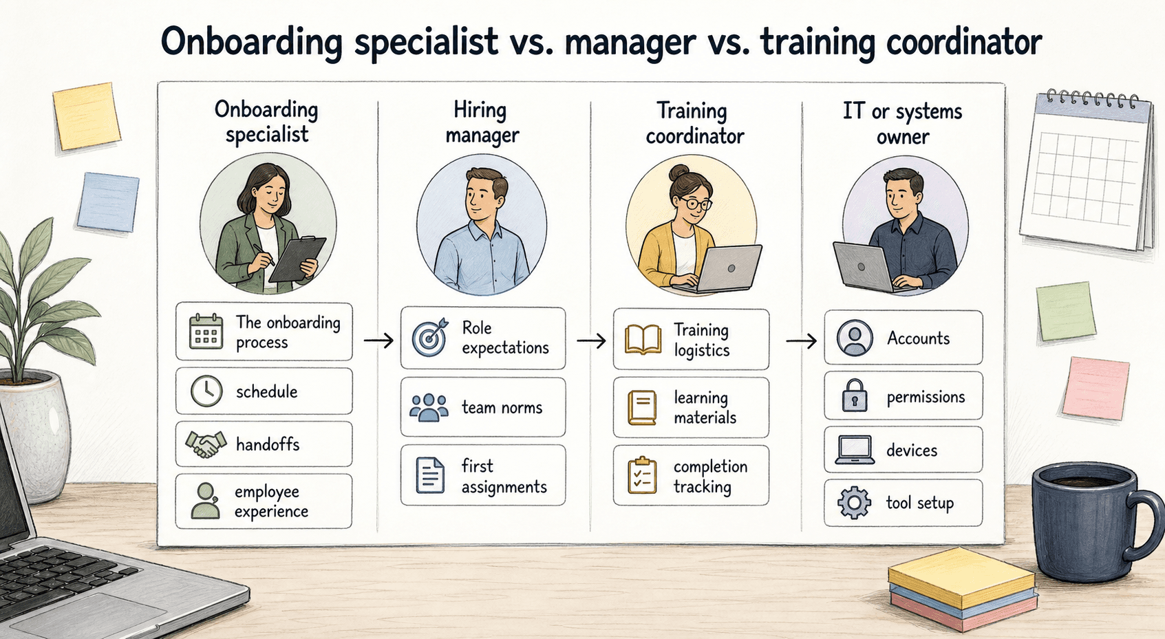 Ownership boundaries between an onboarding specialist, hiring manager, training coordinator, and systems owner.