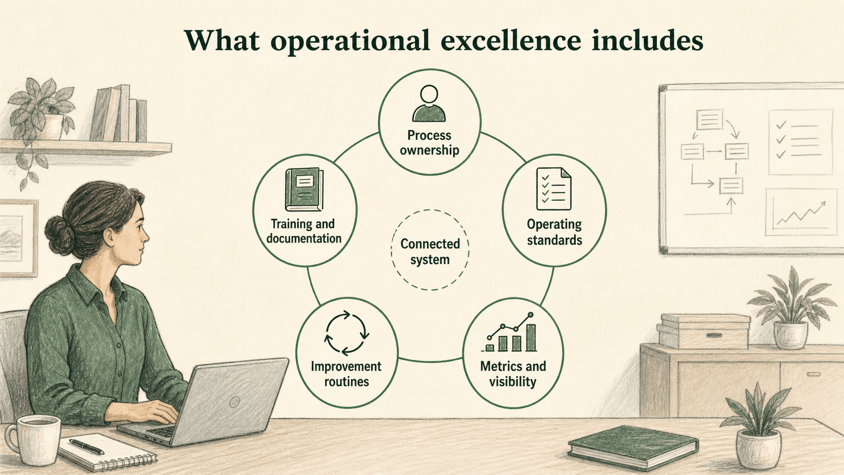 Operational excellence connects ownership, standards, visibility, improvement routines, and documentation.