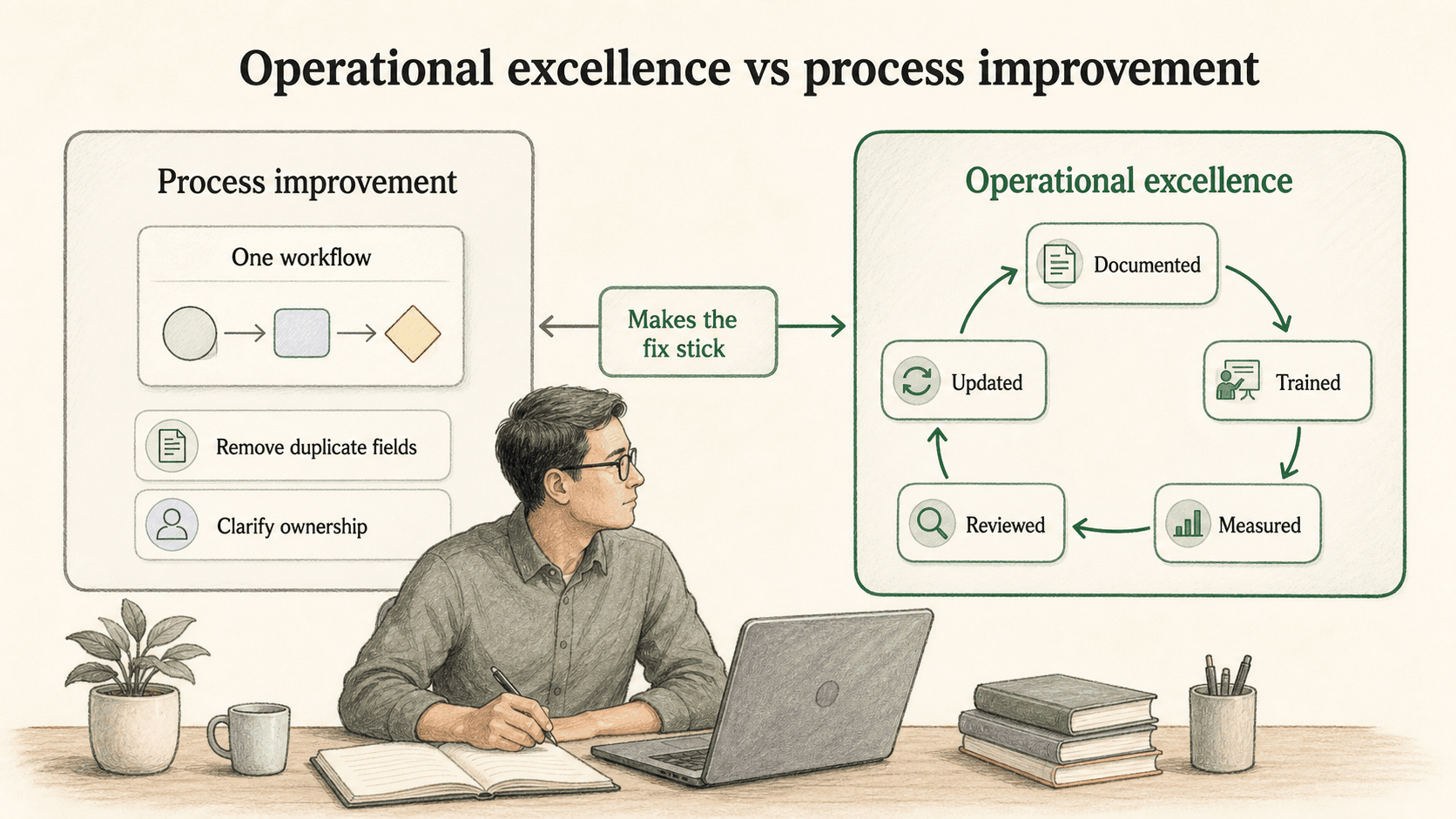 Process improvement fixes one workflow while operational excellence makes better ways of working repeatable.