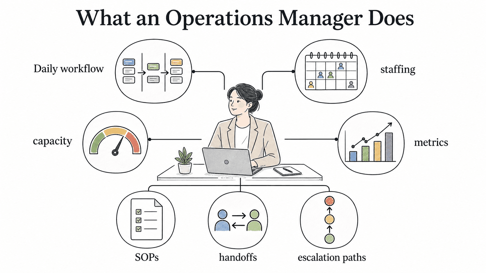 Operations manager responsibilities connect workflow, staffing, capacity, metrics, SOPs, handoffs, and escalation paths.