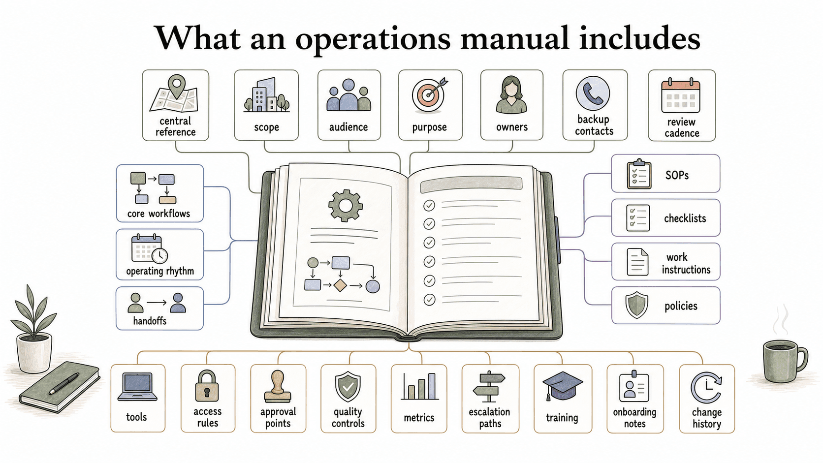 An operations manual connects owners, workflows, tools, controls, training, and escalation paths.